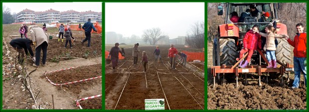 Bambine e bambini hanno impegnatissimi e disciplinatissimi alle nuove prose. Alla fine il giusto premo: l'assalto al trattore! (sotto attenta sorveglianza, ovviamente)
